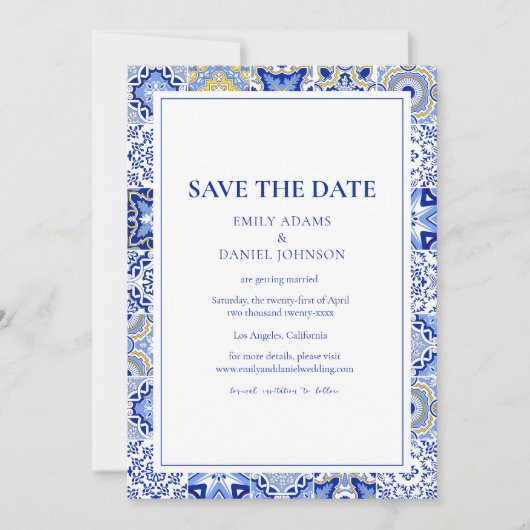 Blue Talavera Fiesta: Een Spaans-Mexicaanse bruilo Save The Date (Voorkant)