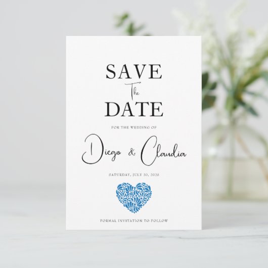Blue Talavera Heart Wedding Save The Date (Staand voorkant)