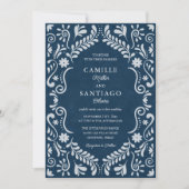 Blue Talavera Mexicaanse QR Code Huwelijksuitnodig Kaart (Voorkant)