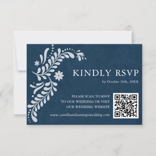 Blue Talavera Mexican QR Code RSVP Kaartje (Voorkant)