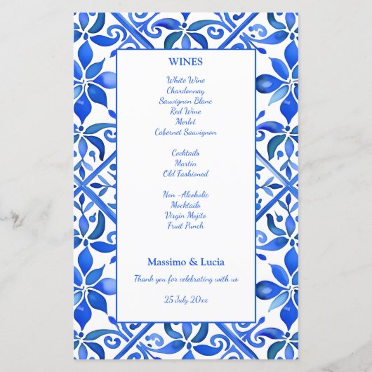 Blue Talavera Spaans tegels bruiloft menu (Achterkant)