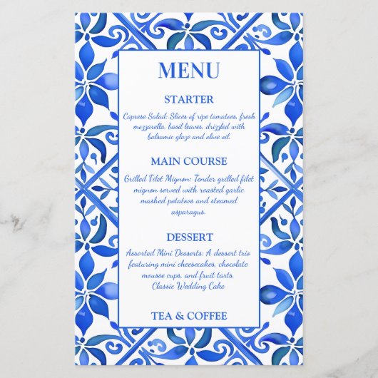 Blue Talavera  Spaans tegels bruiloft menu (Voorkant)