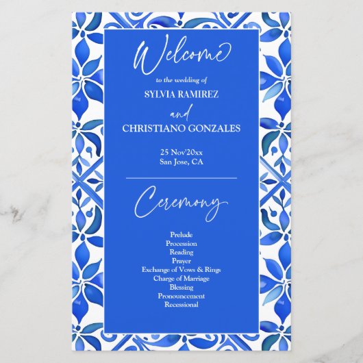 Blue Talavera Spaans tegels bruiloft programma (Voorkant)