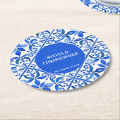 Blue Talavera Spaans tegels monogram bruiloft guns Ronde Kartonnen Onderzetter (Gebogen)