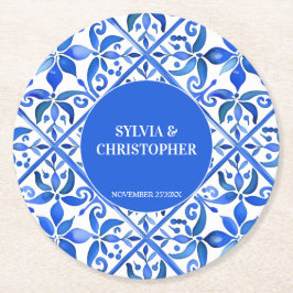 Blue Talavera Spaans tegels monogram bruiloft guns Ronde Kartonnen Onderzetter