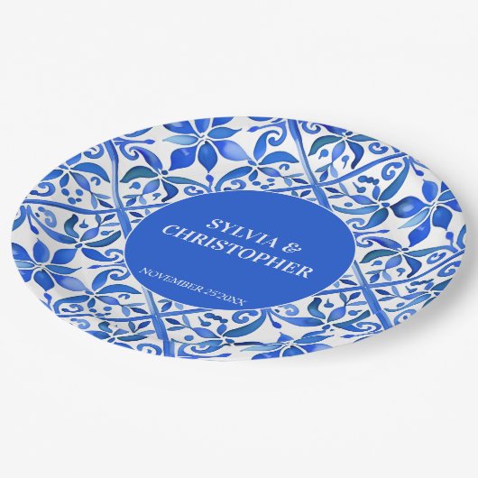 Blue Talavera Spaans tegels monogram bruiloft Papieren Bordje (Gekanteld)