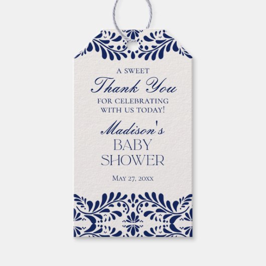 Blue Talavera Tegel Fiesta Baby shower Favoriet Cadeaulabel (Voorkant)