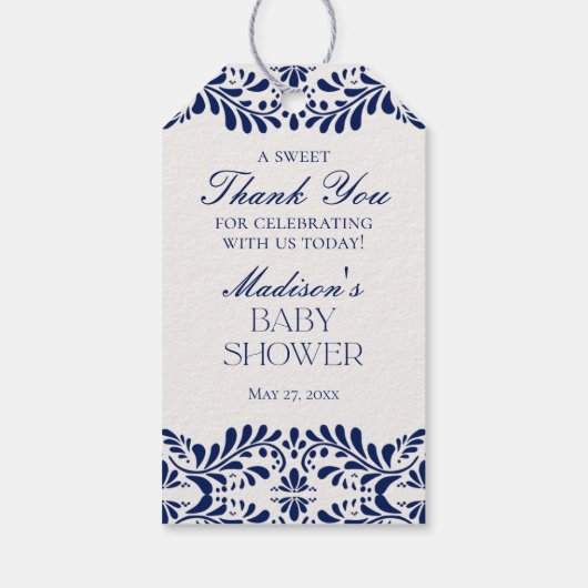 Blue Talavera Tegel Fiesta Baby shower Favoriet Cadeaulabel (Achterkant)