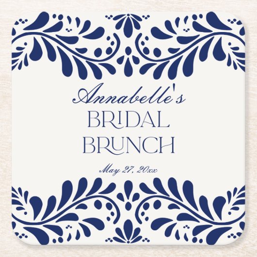 Blue Talavera Tegel Spaans Fiesta Bruidsbrunch Kartonnen Onderzetters (Voorkant)