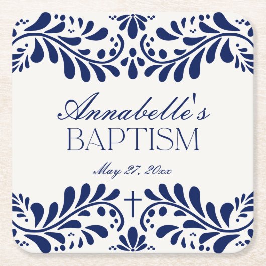 Blue Talavera Tegel Spaans Fiesta Doop Kartonnen Onderzetters (Voorkant)