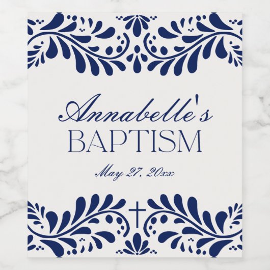 Blue Talavera Tegel Spaans Fiesta Doop Wijn Etiket (Enkel label)