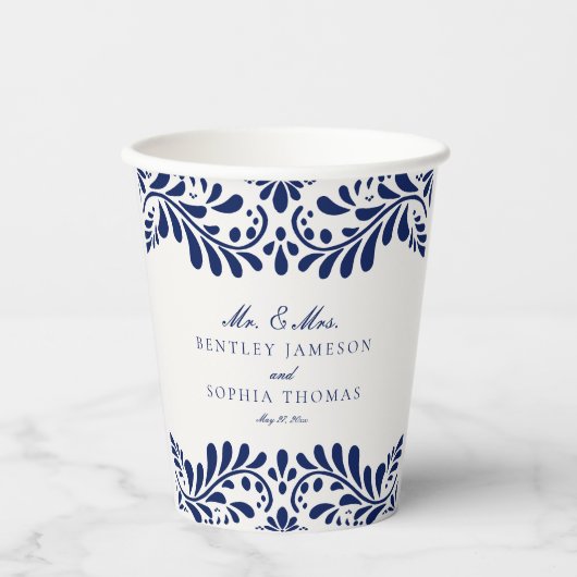 Blue Talavera Tegel Spaans Fiesta Huwelijk Papieren Bekers (Voorkant)