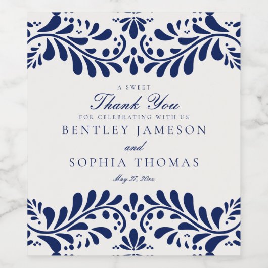 Blue Talavera Tegel Spaans Fiesta Huwelijk Wijn Etiket (Enkel label)