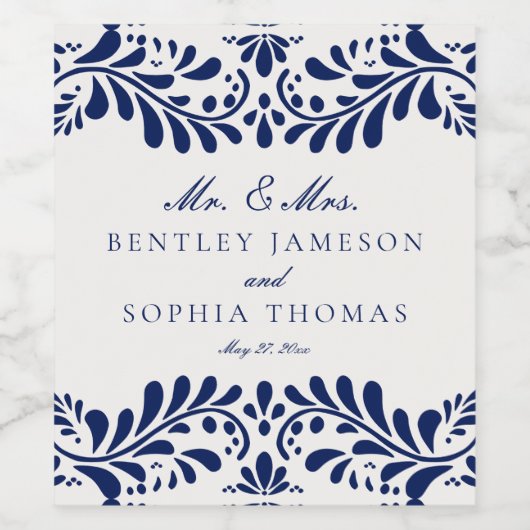 Blue Talavera Tegel Spaans Fiesta Huwelijk Wijn Etiket (Enkel label)