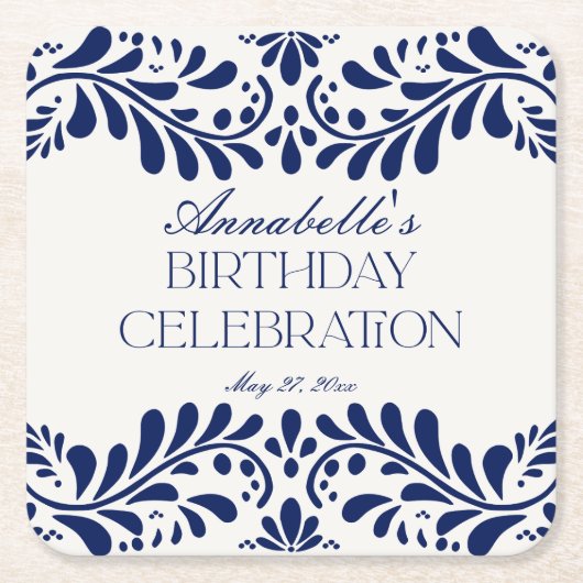 Blue Talavera Tegel Spaans Fiesta verjaardagsfeest Kartonnen Onderzetters (Voorkant)