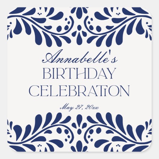 Blue Talavera Tegel Spaans Fiesta Verjaardagsgunst Vierkante Sticker (Voorkant)