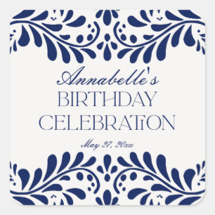 Blue Talavera Tegel Spaans Fiesta Verjaardagsgunst Vierkante Sticker