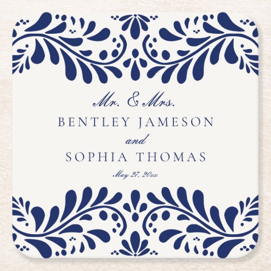 Blue Talavera Tegel Spaanse stijl Fiesta bruiloft Kartonnen Onderzetters (Voorkant)