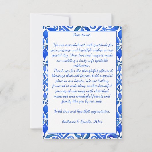 Blue Talavera tegels bruiloft Bedankkaart (Achterkant)
