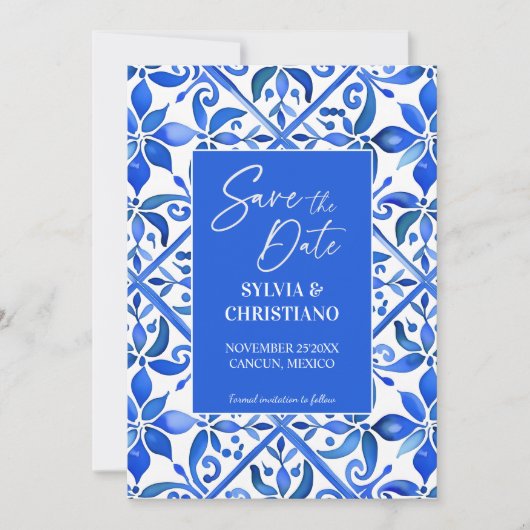 Blue Talavera tegels bruiloft Save The Date (Voorkant)