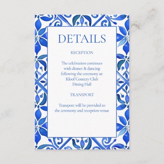 Blue Talavera tegels  Mexicaans bruiloft detail Informatiekaartje (Voorkant)