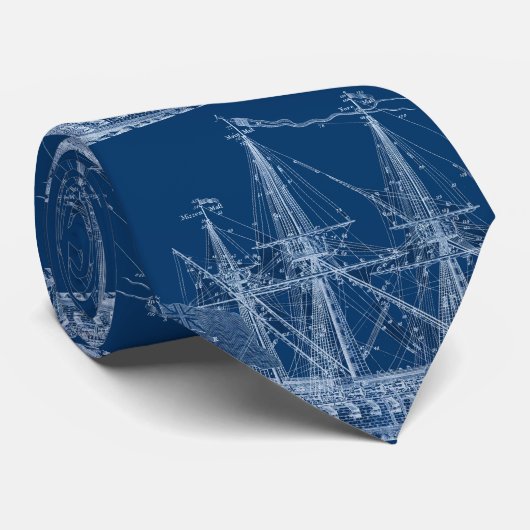 Blue Tall Sailing Ship Blueprint Stropdas (Opgerold)