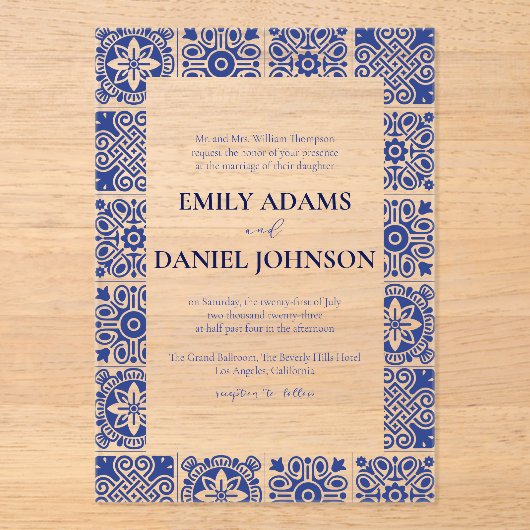 Blue Talvera Spaanse Mexicaanse bestemming bruilof Acryl Uitnodigingen (Voorkant)