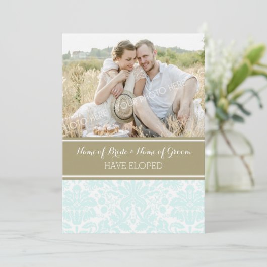  Blue Tan Damask-fotokaarten Aankondiging (Staand voorkant)