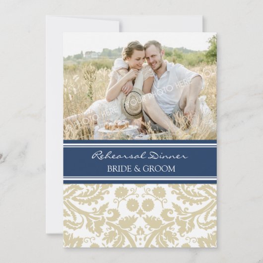 Blue Tan Damask Photo Rehearsal Dinner Party Kaart (Voorkant)