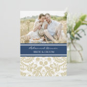 Blue Tan Damask Photo Rehearsal Dinner Party Kaart (Staand voorkant)