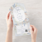 Blue & Tan Dried Boho Flowers Blue QR Code All In One Uitnodiging (Afscheurbaar)