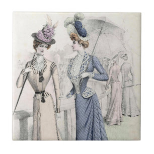Blue Tan Mode Elegant Victoriaans Dames Tegeltje