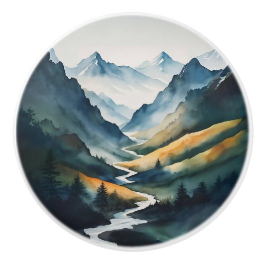 Blue Tan Mountain Scene Keramische Knop (Voorkant)