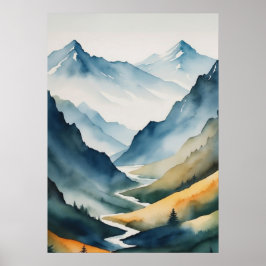 Blue Tan Mountain Scene Poster