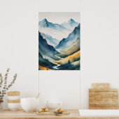 Blue Tan Mountain Scene Poster (Keuken)