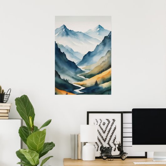 Blue Tan Mountain Scene Poster (Thuiskantoor)