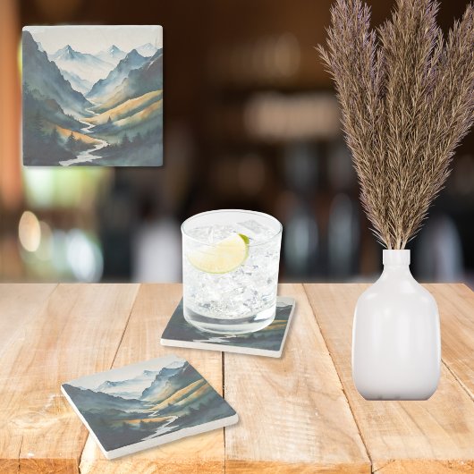 Blue Tan Mountain Scene Stenen Onderzetter