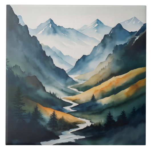 Blue Tan Mountain Scene Tegeltje (Voorkant)