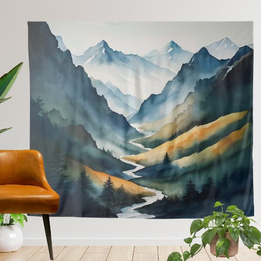 Blue Tan Mountain Scene Wandkleed