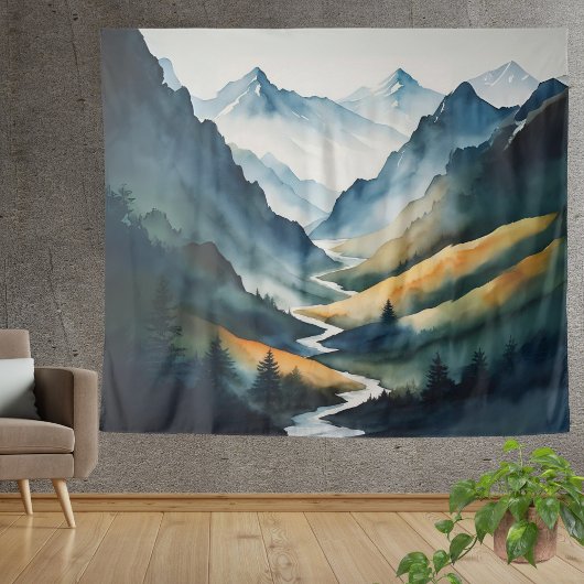 Blue Tan Mountain Scene Wandkleed