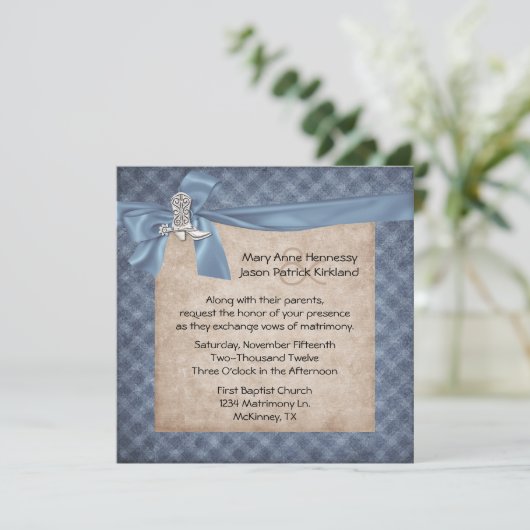 Blue & Tan Rustic Western Theme Weddenschap Kaart (Staand voorkant)
