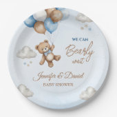 Blue Tan Teddy Bear Balloons Baby shower Papieren Bordje (Voorkant)