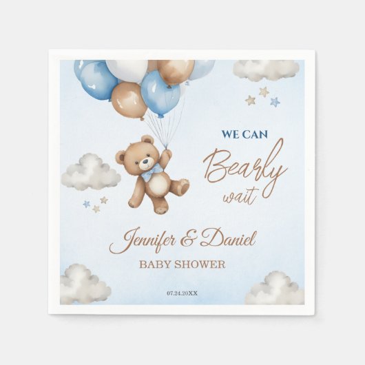 Blue Tan Teddy Bear Balloons Baby shower Servet (Voorkant)
