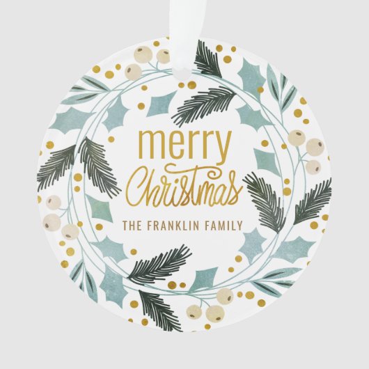 Blue Tan Winter Greenery Merry kerstnaam Ornament (voorkant)