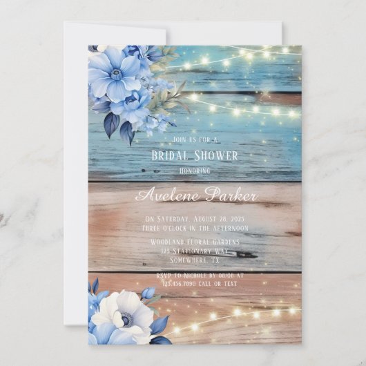 Blue Tan Wood Lights Florals Vrijgezellenfeest Kaart (Voorkant)