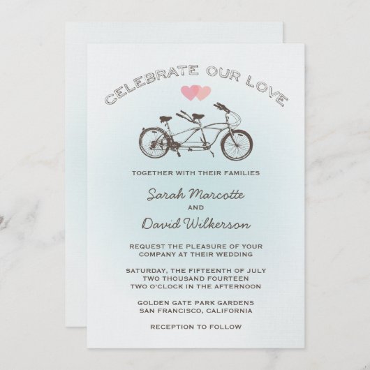 Blue Tandem Bicycle Wedding Kaart (Voorkant / Achterkant)