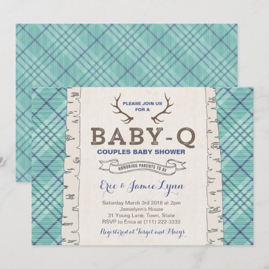 Blue Tartan Couples Baby shower for Boy Kaart (Voorkant / Achterkant)