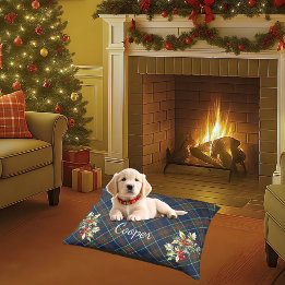 Blue Tartan Plaid Christmas Holly Naam Hondenbed