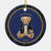 Blue Tartan Plaid | Christmas Teddy Bear Keramisch Ornament (Voorkant)