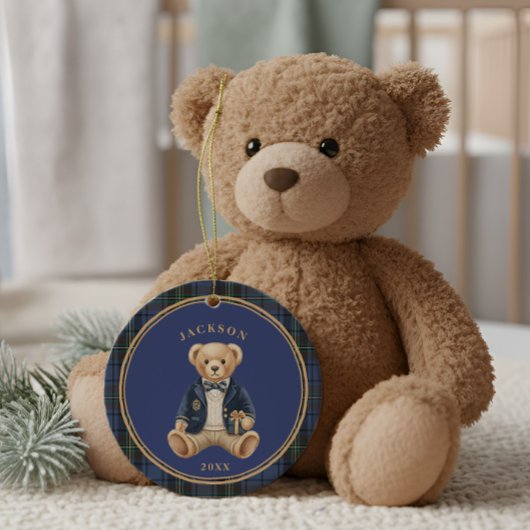 Blue Tartan Plaid | Christmas Teddy Bear Keramisch Ornament